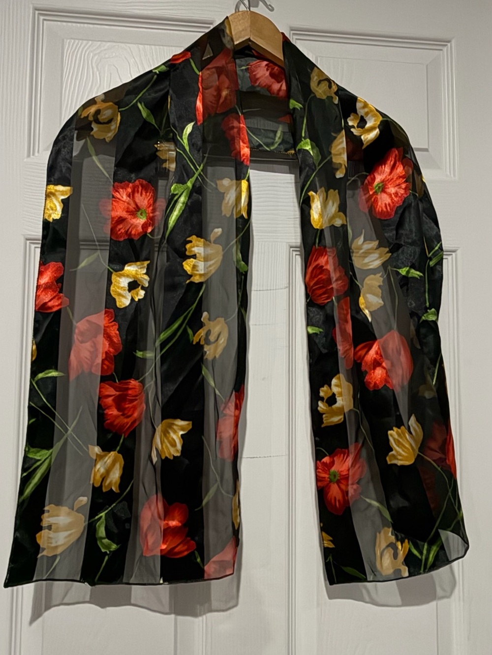 Floral Sheer Black Scarf with Red and Yellow Blooms